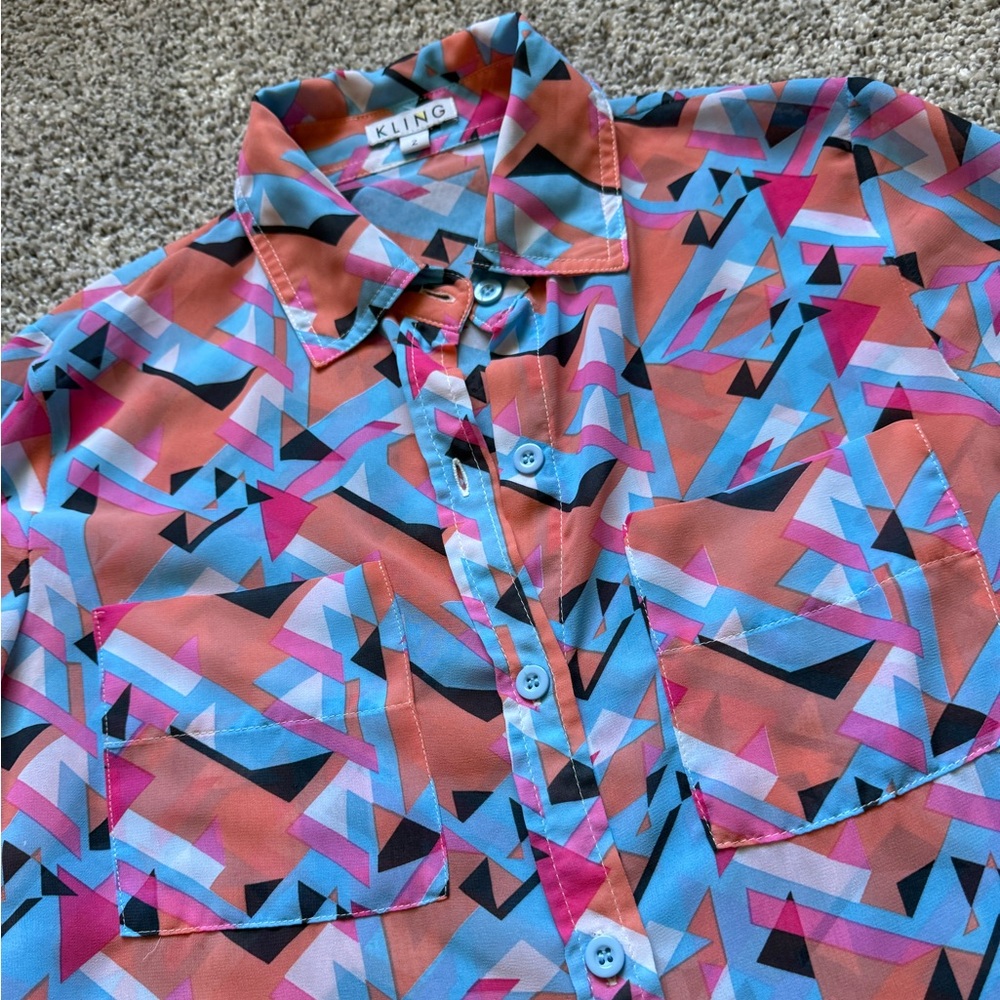 Kling funky multicolor geometric print button-up sheer chiffon summer shirt